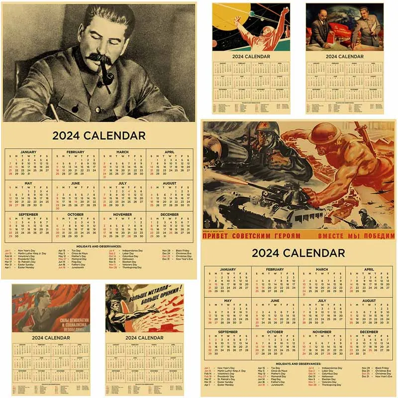 

2024 Soviet Calendar Posters for Wall Decoration Vintage Russian Version USSR CCCP Poster Mural Room Decor Aesthetic Paintings