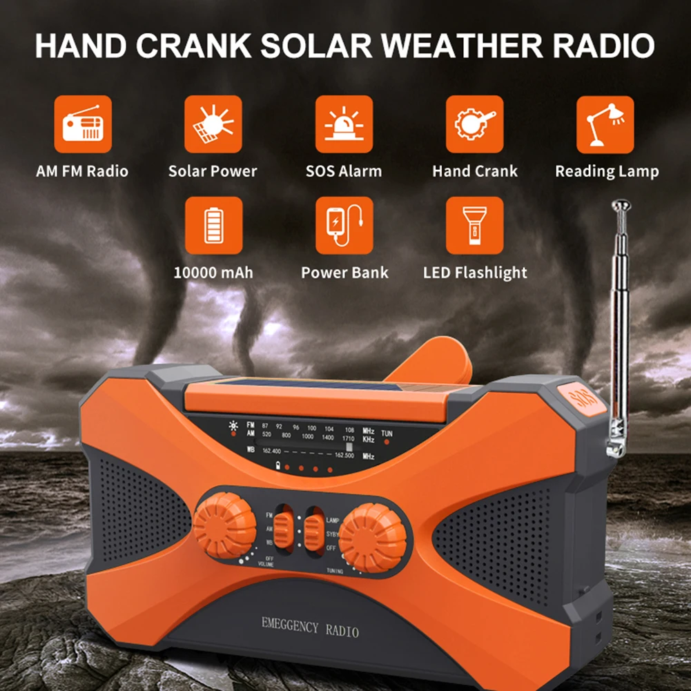 

Emergency Radio 10000mAh Rechargeable Dual Speaker Stereo Solar Hand Crank Radio AM/FM/NOAA with Phone Charger LED Torch Reading