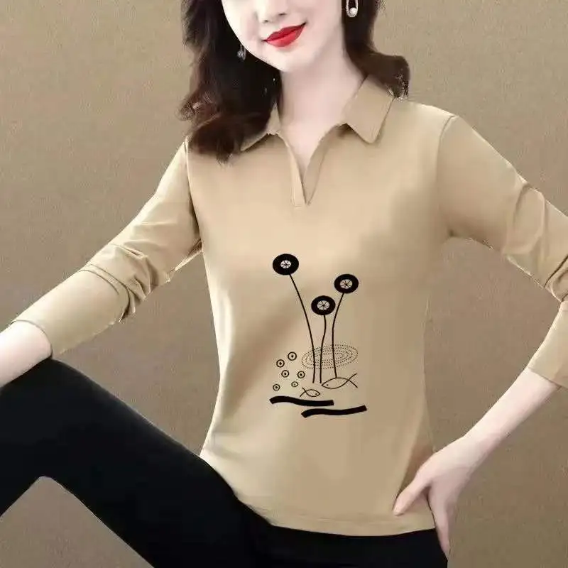 Женская хлопковая Футболка-поло с длинным рукавом и цветочным принтом