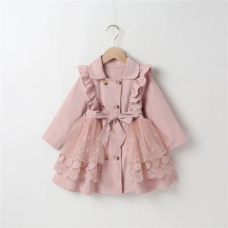

Mesh Lapel Ruffle Outwear With Lace Coat, Girls Long Belt, Winter Trench Patchwork Double Kid Sleeve Windbreaker Breasted