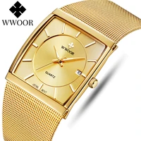 wwoor luxury gold watch men square japan quartz slim steel mesh waterproof sports automatic date wrist watches relogio masculino