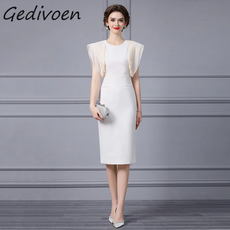 Gedivoen Summer Fashion Runway Vintage Package Buttock Dress Women's Batwing Sleeve Pocket High Waist Slit Party Slim Midi Dress