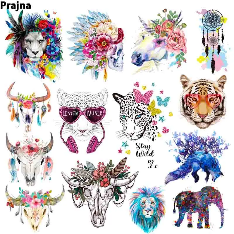 

Indian Bull Skull Flower Iron On Patches For DIY Unicorn Heat Transfer Clothes T-Shirt Punk Animal Thermal Stickers Decoration