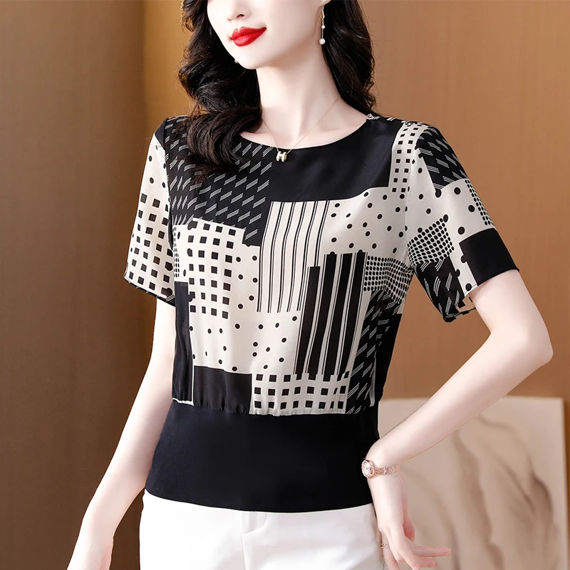 

2023 Summer New Korean Version Chiffon Round Neck Short Sleeve Shirt Fashionable Elegant Loose Women Clothing T55