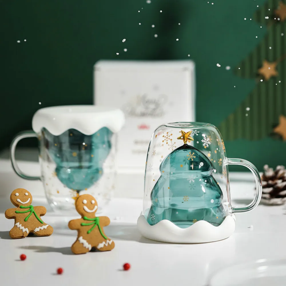 

Double Bottom Wall Glass Cup Christmas Tree Glass Cup Heat-Resistant Coffee Mug Cute Creative Christmas Gifts for Girls 300ML