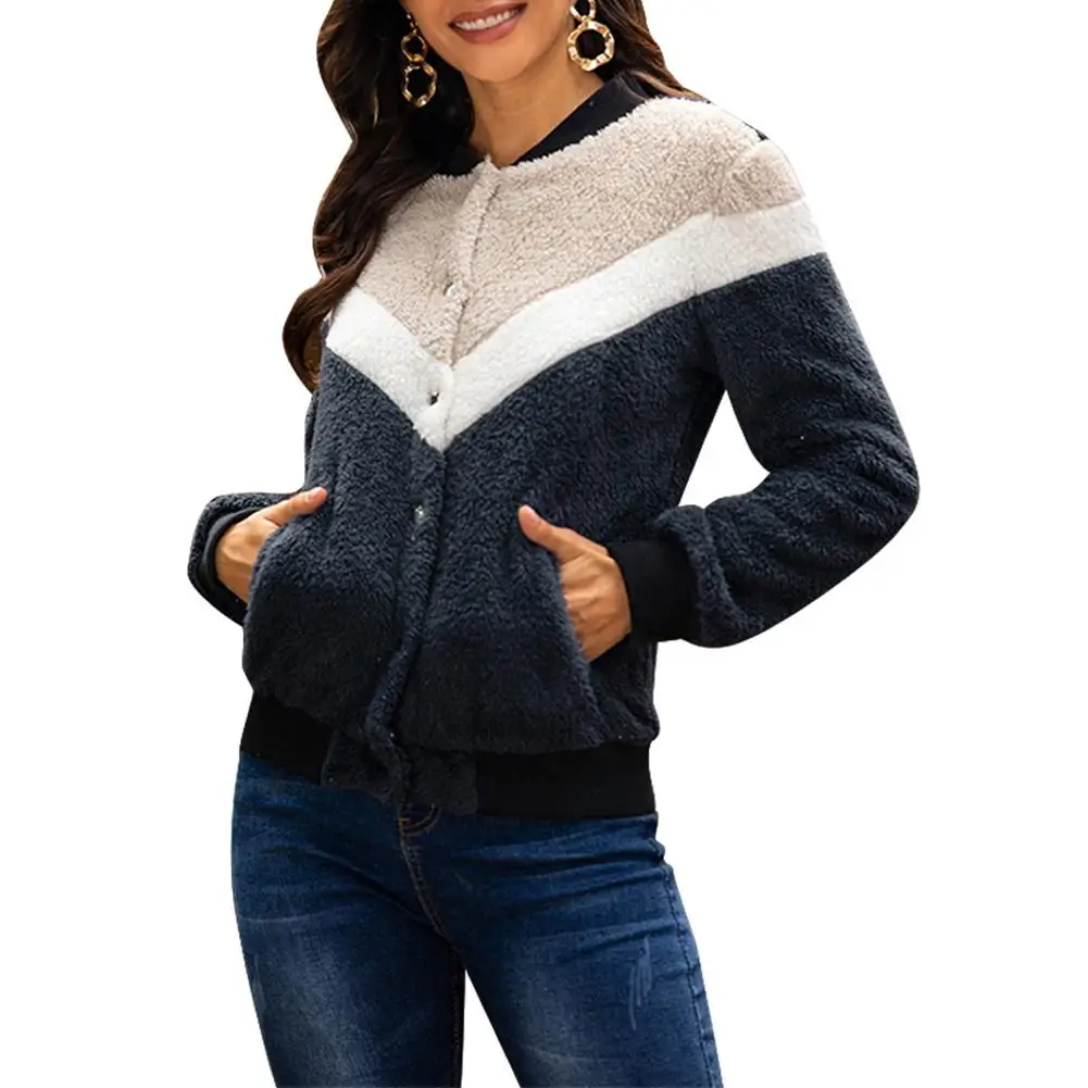 

Women Fleece Jacket Splicing Coat Pocket Button Comfortable Soft Simplicity O-Neck Long Sleeve Cardigan Casual Outfits