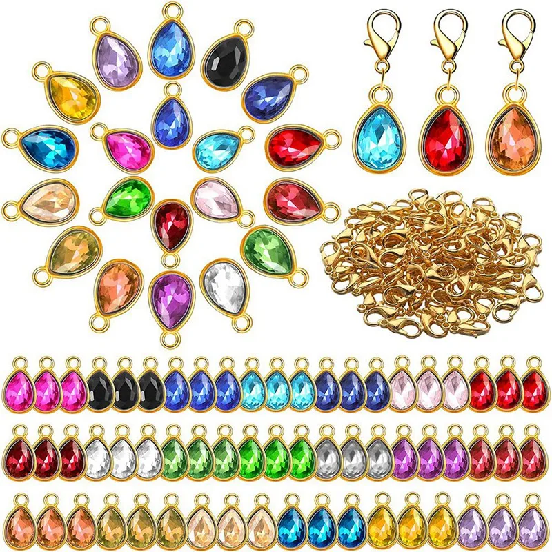 

160Pcs Birthstone Charms Beads Pendants And Lobster Claw Clasp Set, Teardrop Beads Dangle For Jewelry Making Necklaces