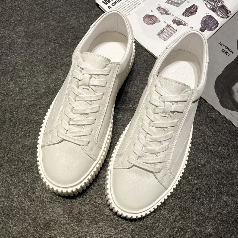 

Height Men Increasing Genuine Leather Sneakers Casual Shoes Lace-Up Round Toe Spring Autumn Cowhide Solid White Thick Platform