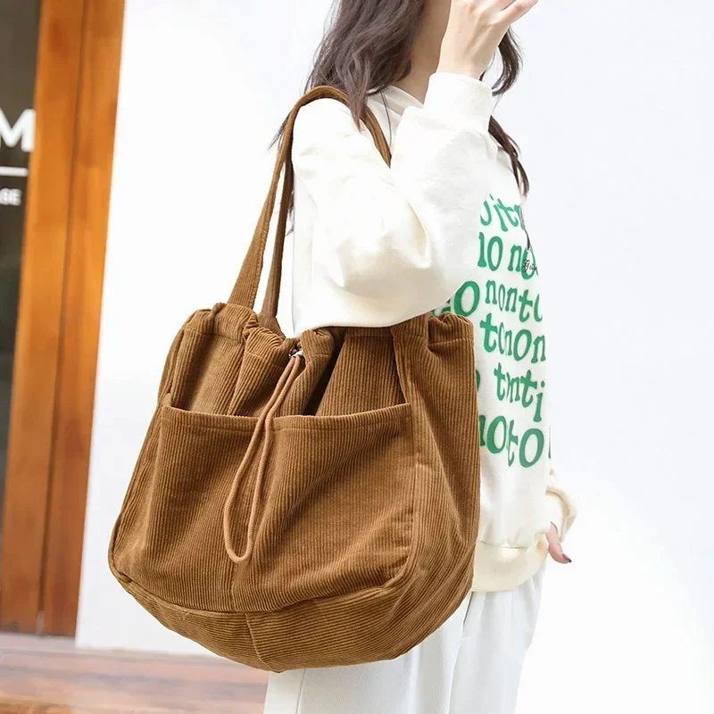 

Simple Casual Totes Teenager Students Corduroy Shoulder Bag Women Large Drawstring Handbag Ladies Shopping Bags
