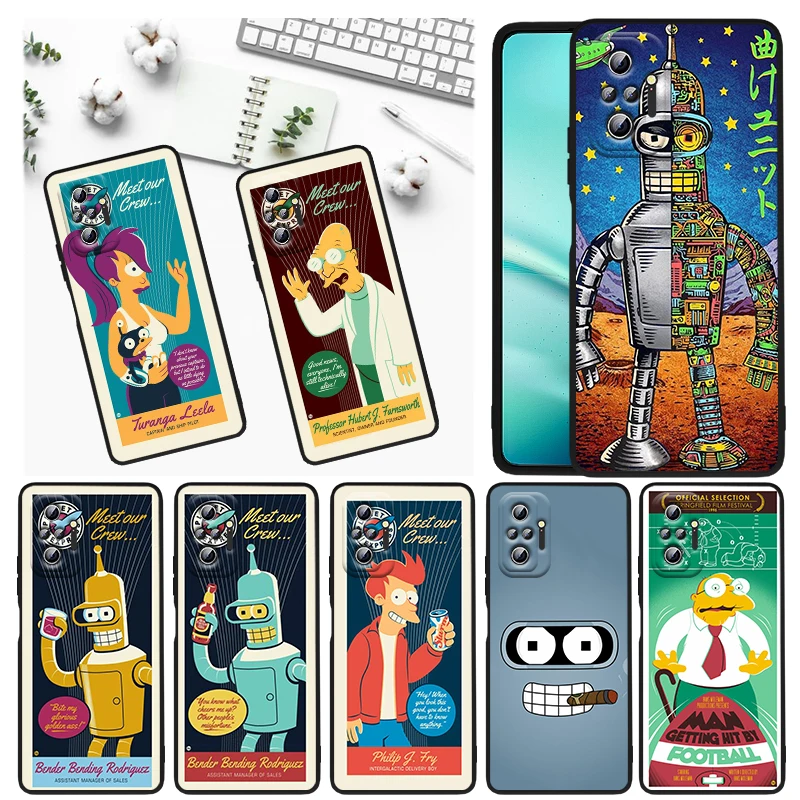 

Animation Futurama Bender For Xiaomi Redmi Note 11E 11S 11 11T 10 10S 9 9T 9S 8 8T Pro 5G 7 5 Black Soft TPU Phone Case Funda