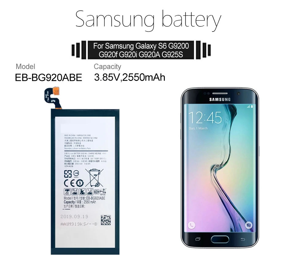 Аккумуляторная батарея Samsung для GALAXY S6 EB-BG920ABE G920F G920i G920A G920V G9200 G9208 G9209 сменная -