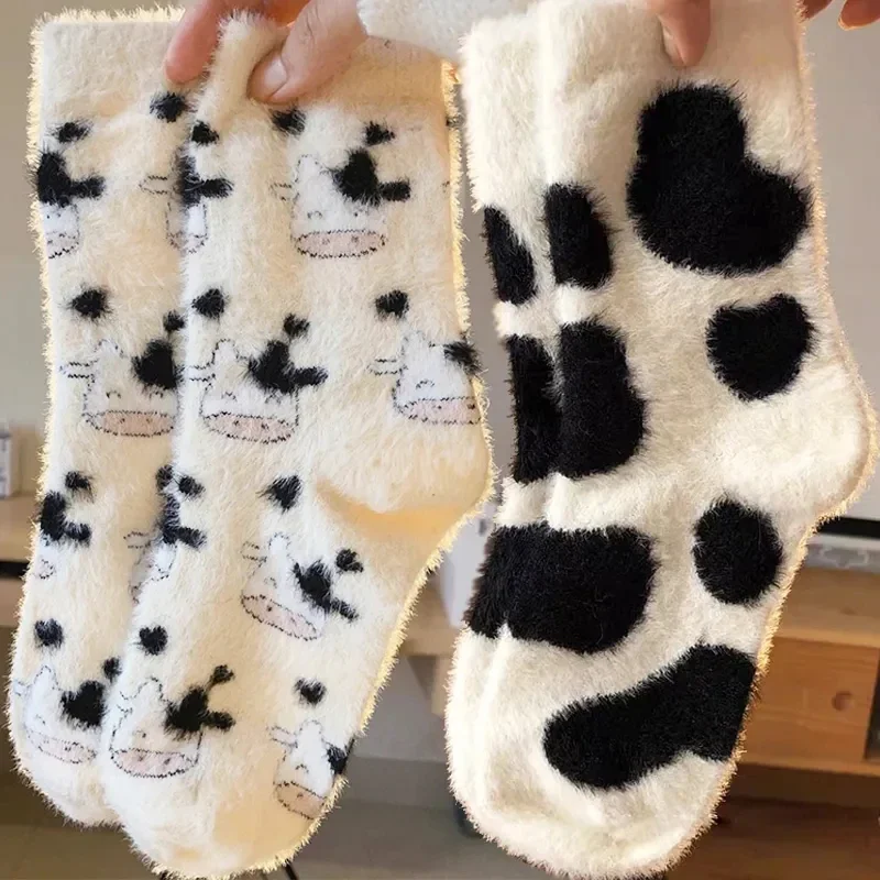 

3 пары, плюшевые носки, Бархатные Носки с рисунком коровы и динозавра, зимние теплые флисовые утепленные носки, чулочно-носочные изделия средней длины для взрослых и детей