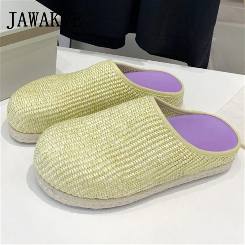 

Hot Sale Hemp Flat Half Slippers For Lovers Brand Round Toe Slip On Leather Mules Women Autumn Casual Beach Slides Shoes Men