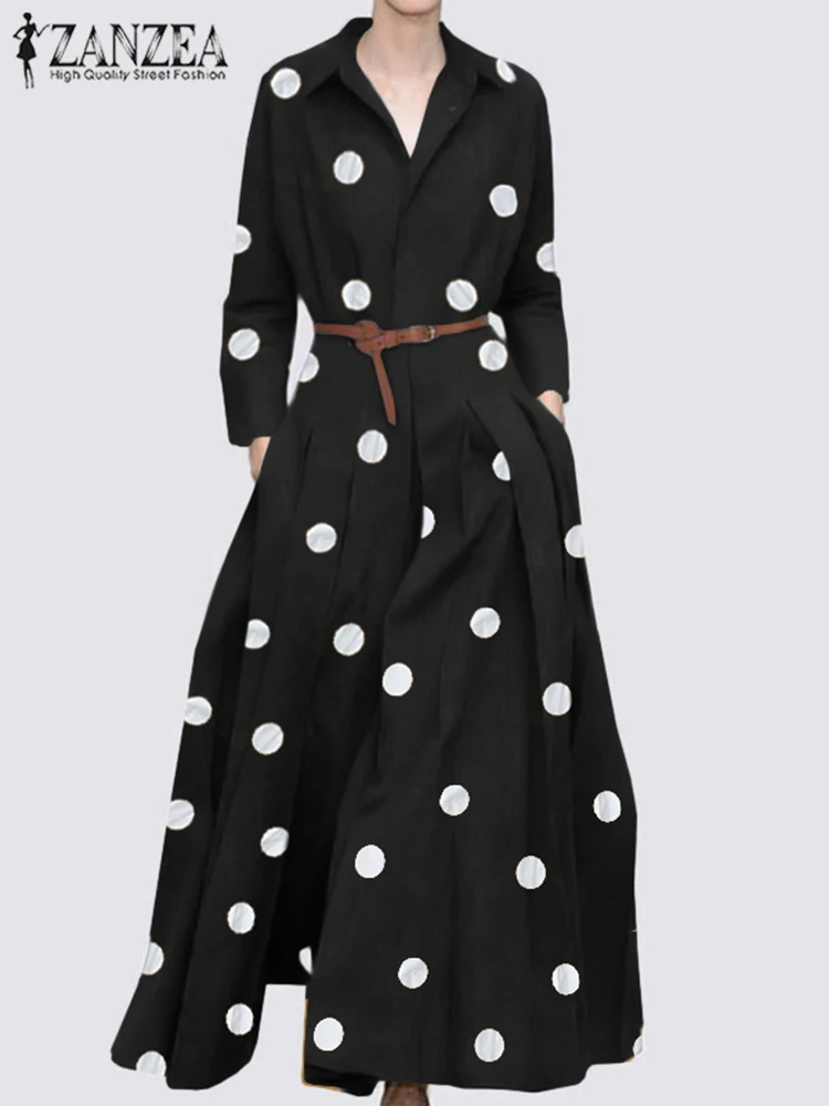 

Women Fashion Long Maxi Dress ZANZEA Casual Polka Dot Robe Longue 2022 Autumn Bohemian Baggy Kaftan Holiday Lapel Shirt Dresses