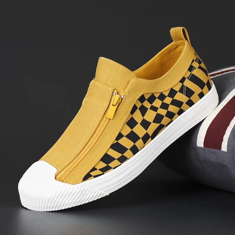 

Hot Sale Classic Yellow Men's Casual Canvas Shoes Fashion Checkered Vulcanized Sports Shoes Men Designer Zipper Loafers Sneakers