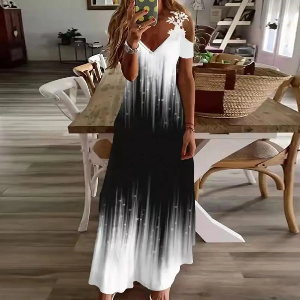 

Women Off Shoulder Dress Summer Sexy V Neck Short Sleeve A-Line Maxi Dresses Female Beach Party Long Dress Casual Robe Vestidos