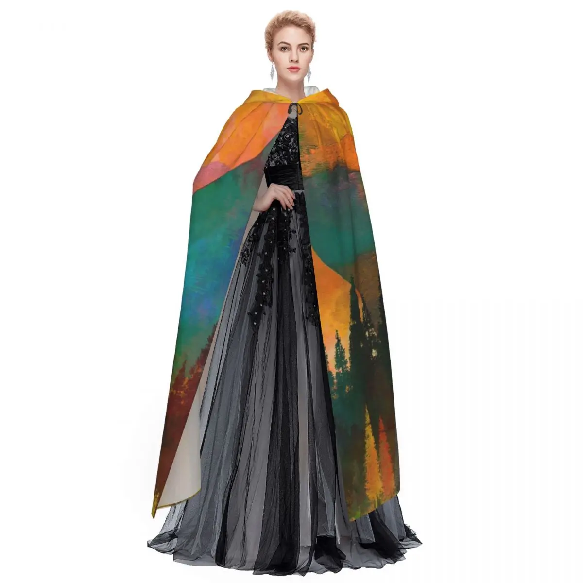 Длинная накидка плащ С закатом и рисунком лесного дерева с капюшоном пальто