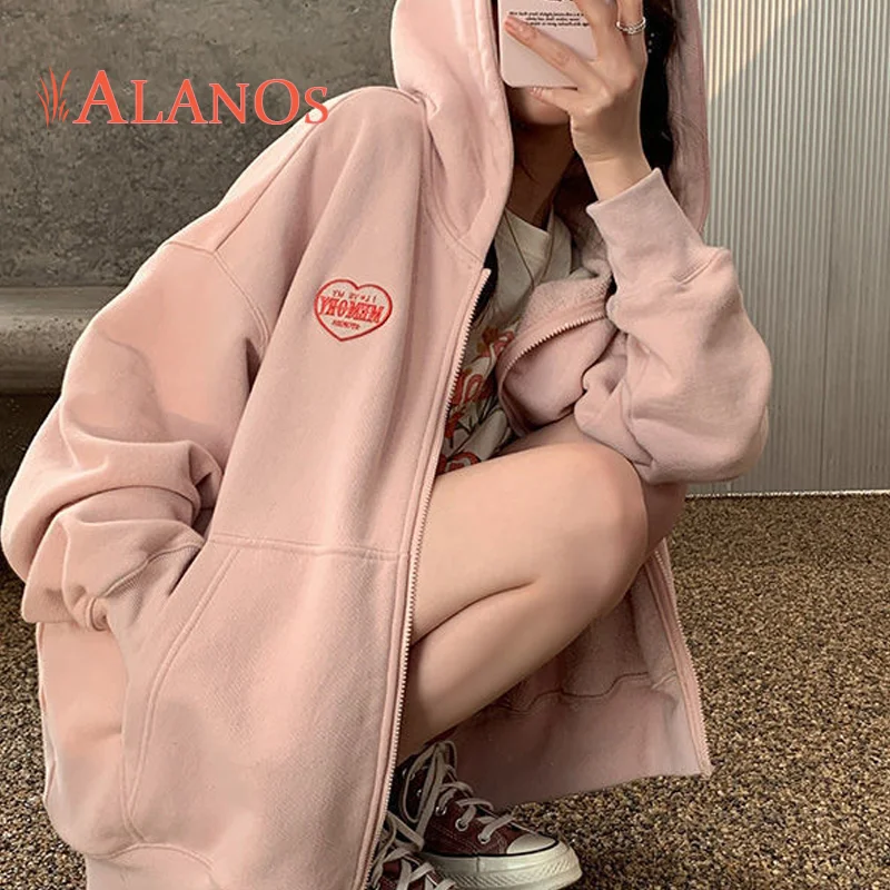 

ALANOS Y2K Casual Hoody Zip Up Oversized Sweatshirts Pink Hoodies Girls Hoodies Jacket Cute Streetwear 2022 Women's Clothing