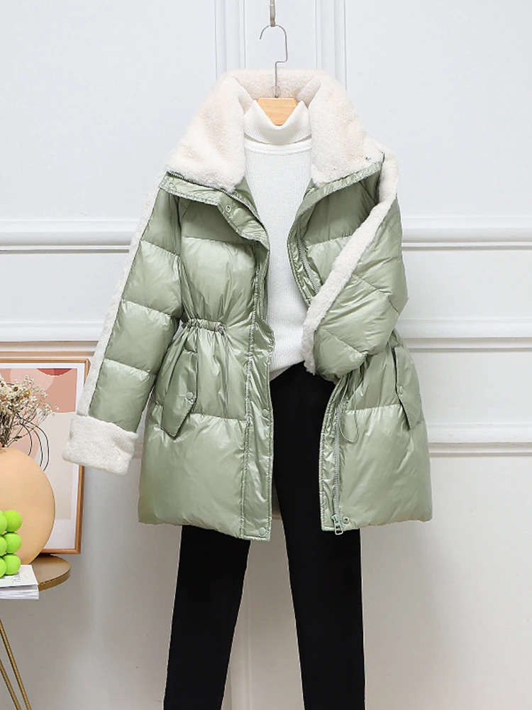 Winter Women Casual Loose Turn-down Collar Lamb Wool Stitching Jacket Lady Drawstring Thick White Duck Down Coat