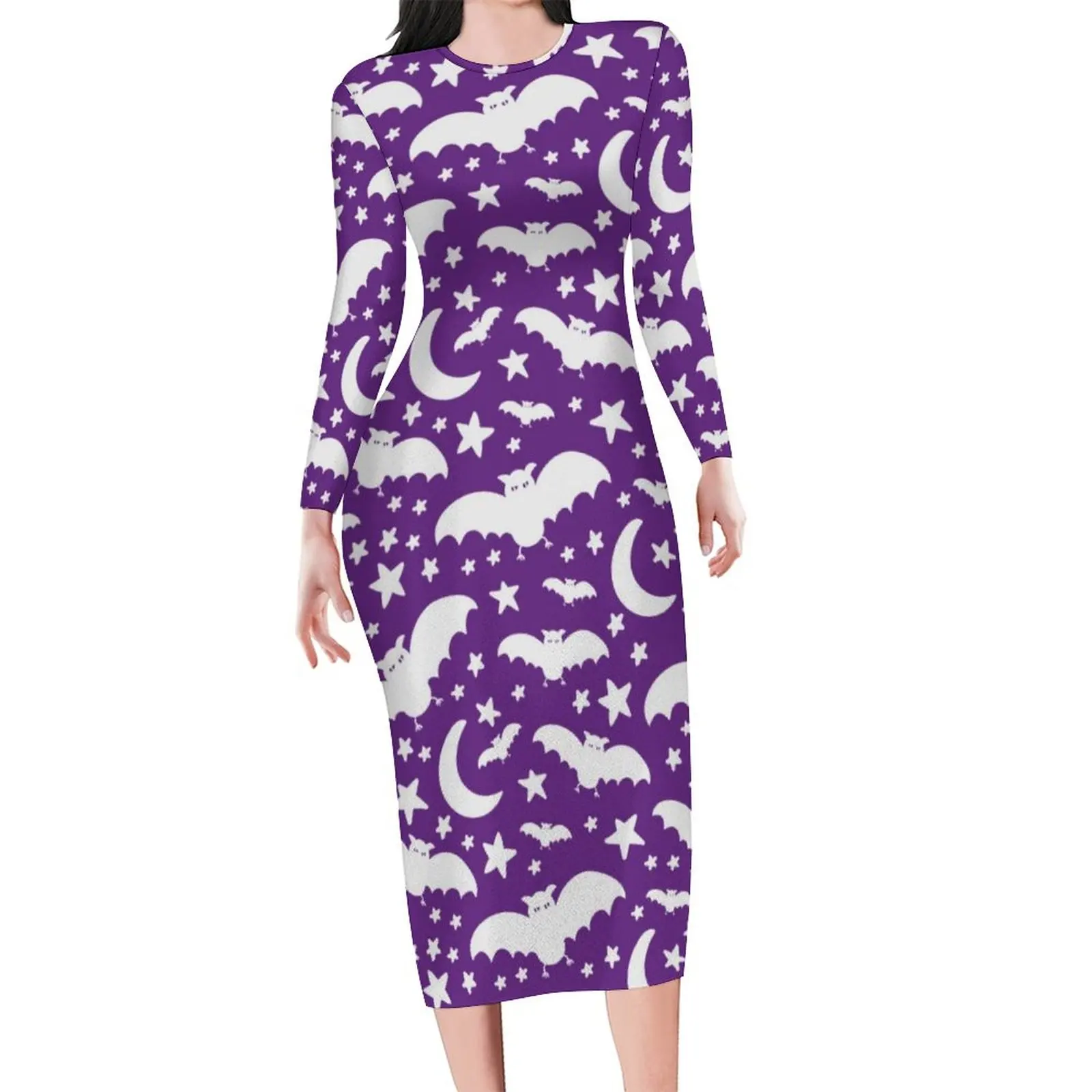 

Женское платье с принтом на Хэллоуин, фиолетовое облегающее платье в уличном стиле с летучими мышами, красивые весенние платья с длинным рукавом, платья оверсайз с графическим принтом
