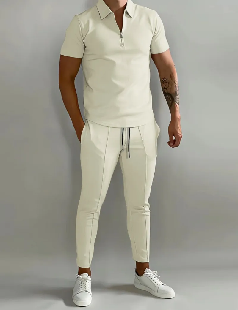 Men's Tracksuit Spring Turn Down Solid Polo Shirts and Sweatpants Short Sleeve 2 Piece Set Male Summer Regular Fit