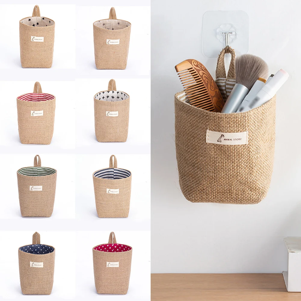 

12X13cm Cotton Linen Hanging Pocket Stripe Storage Basket Small Sack Sundries Cosmetic Organizer Desktop Storage Bag Home Decor