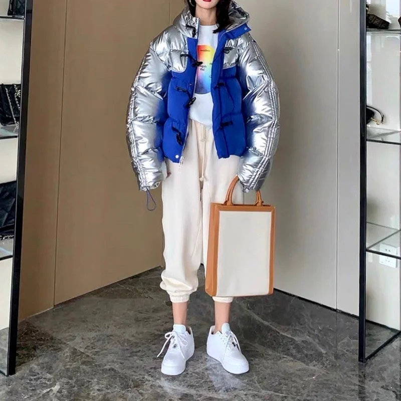 

Женский пуховик в японском стиле, короткая Водонепроницаемая блестящая куртка составного кроя с белым гусиным пухом, парка, пуховик для зим...