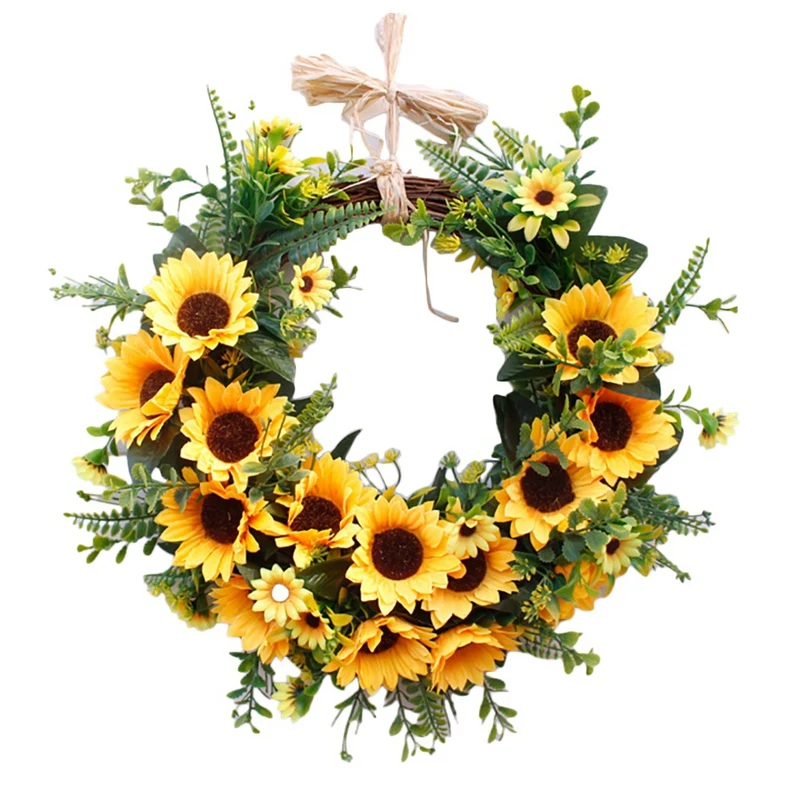 

Artificial Sunflower Wreath, Summer Wreath With Yellow Sunflower And Green Leaves Front Door Wreaths For All Seasons