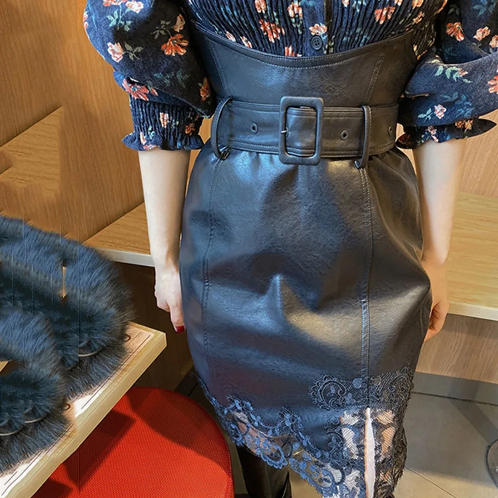 

Spring Autumn Black Soft PU Leather Skirt Ladies Lace Patchwork Sexy Slit Skirts Woman High Waist Midi Pencil Skirts 2XL 2022New