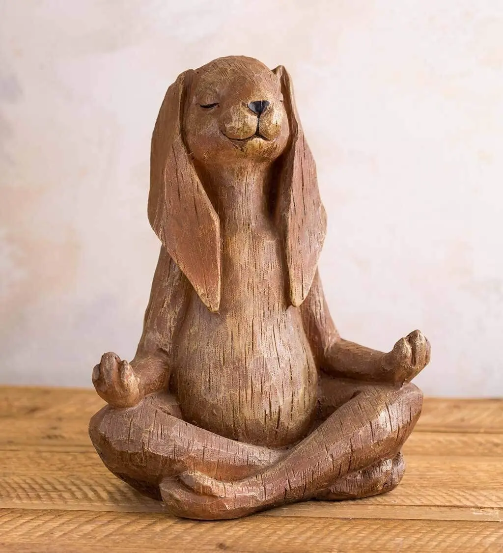 

Meditating Zen Animal Sculpture Buddhism Yoga Gesture Rabbit Statue Bonsai Fountain Ornament Casual Parlor Garden Decor