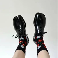 european and american fashion single shoes womens 2022 spring and autumn new leather middle heel lace up split toe shoes