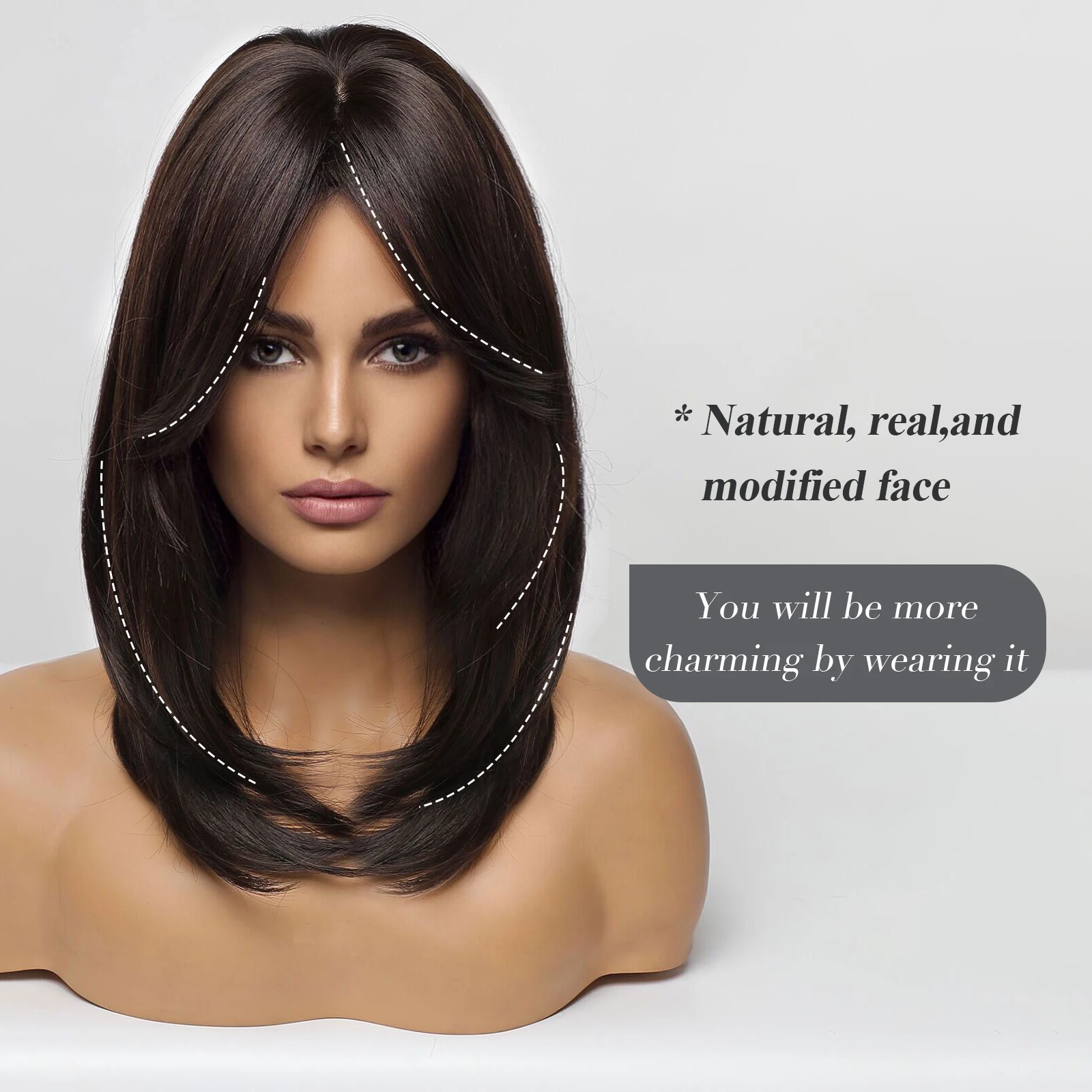 EASIHAIR Dark Brown Wigs with Bangs Layered Synthetic for Women Medium Length Cosplay Heat Resistant Daily Wig |