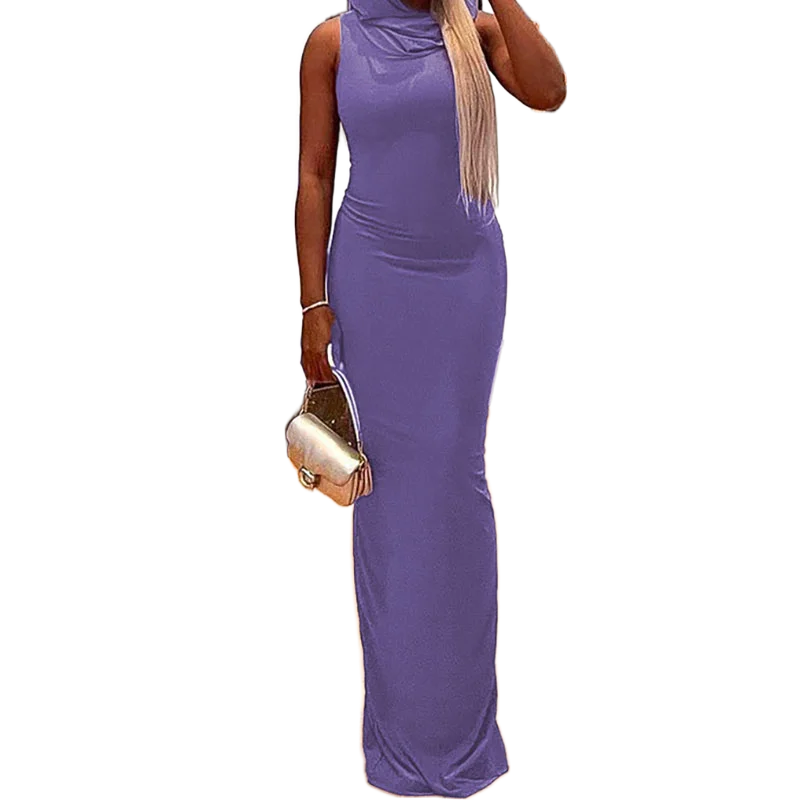 

Fashion Solid Hooded Back Split Sleeveless Vest Dress Women Summer Clothing New Streetwear Party Club High Waist Long Dresses