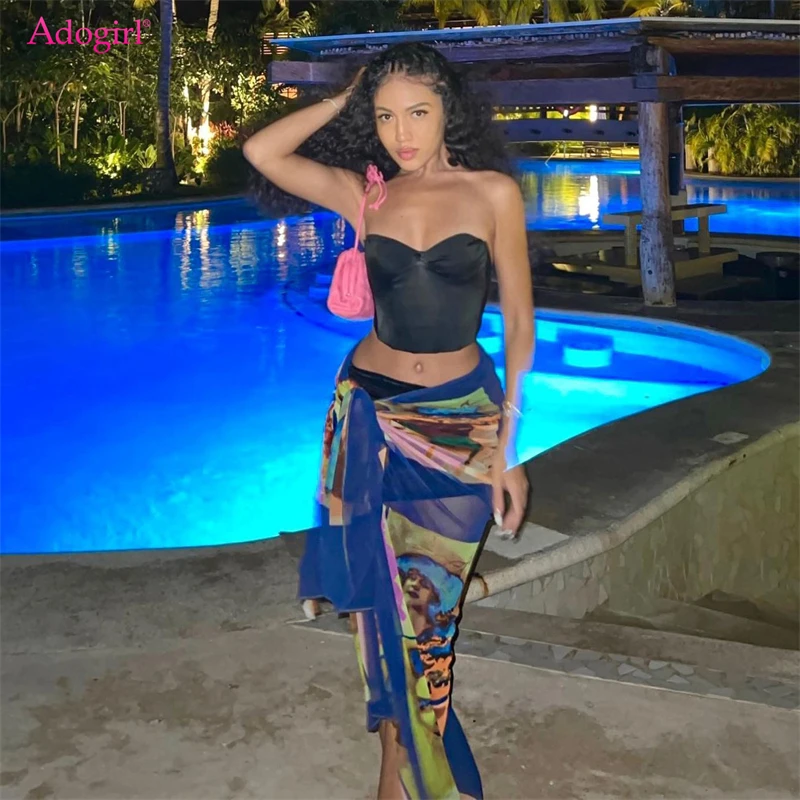 

Юбка-макси Женская сетчатая прозрачная на шнуровке с принтом