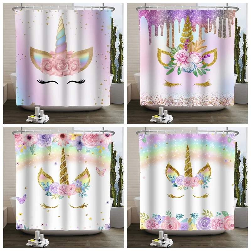 

Cute Unicorns Pink Shower Curtain Kawaii Kids Rainbow Baby Girl Animal Bath Curtain Magic Head Flower Waterproof with Hooks