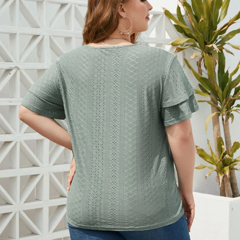 Plus Size Women Tops Summer Fashion V Neck Ruffles Short Sleeve Shirt Casual Loose Solid T Shirt Ladies Elegant Hollow Out Tops