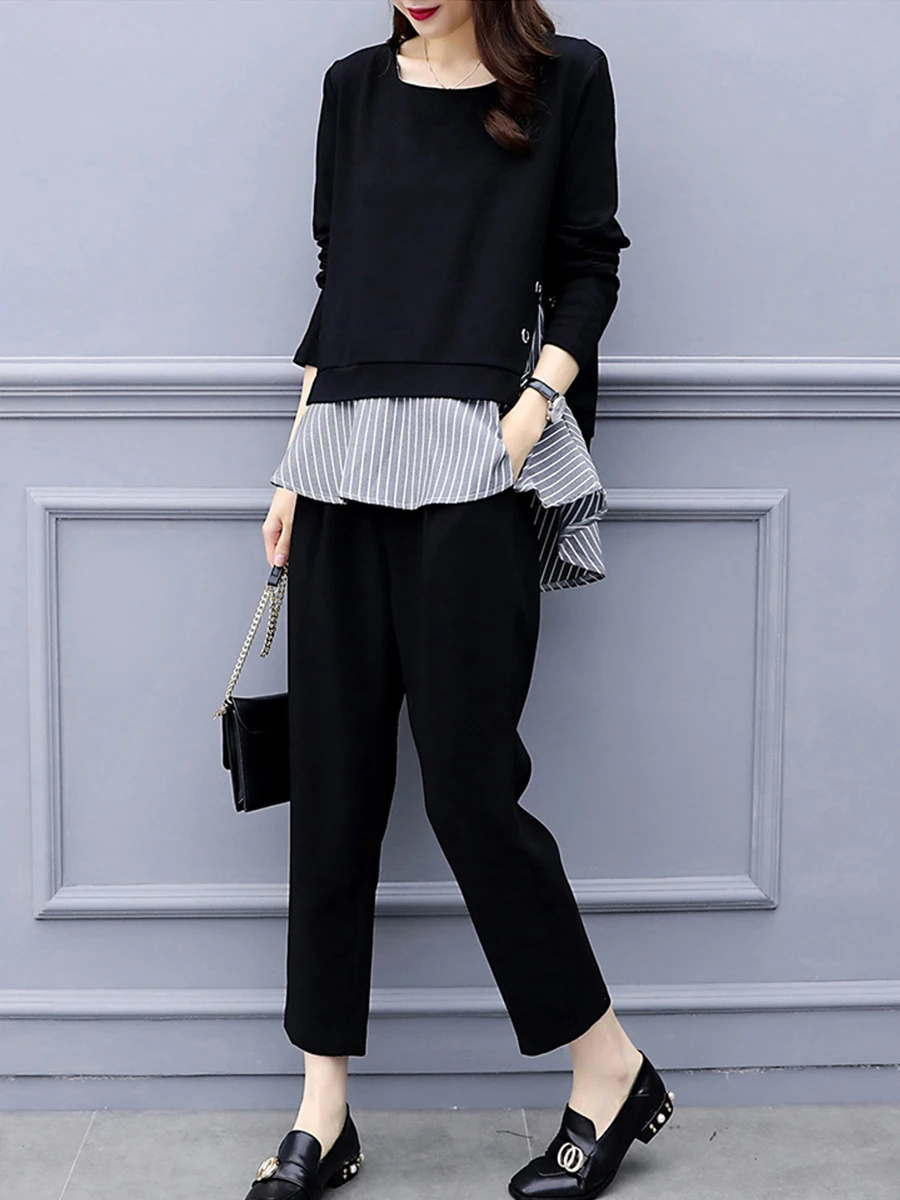 

Элегантные офисные женские брюки, Женский комплект из двух предметов, женский топ в полоску с оборками и простые однотонные прямые брюки на ...