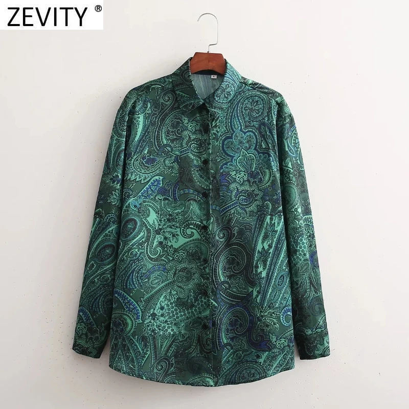 

Zevity Женская винтажная зеленая блузка с Пейсли цветочным принтом, офисные женские рубашки с длинным рукавом и пуговицами, шикарные Ретро блу...