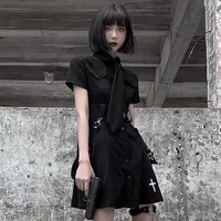 qweek goth dress punk gothic harajuku summer black mini dress shirt women 2021 short sleeve emo clothes mall goth dark academia