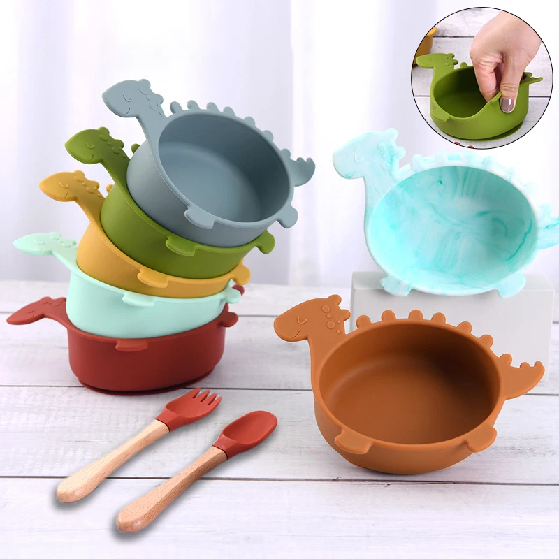 

Присоска в виде динозавра, Детская силиконовая чаша, Детская тарелка, Детские тарелки, ложка для кормления ребенка, вилка, тренировочные блю...