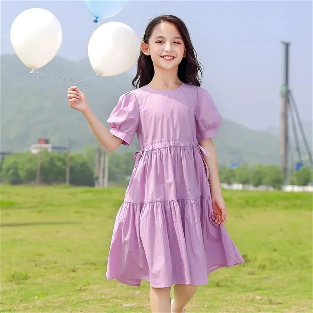 

Платья для девочек, летняя одежда из полиэстера, новая Корейская версия 2023, повседневная детская одежда с рукавами-фонариками, юбка А-ин