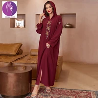 2022 muslims women dress abaya burgundy hooded hand sewn diamond middle eastern banquet gown dubai caftan dress