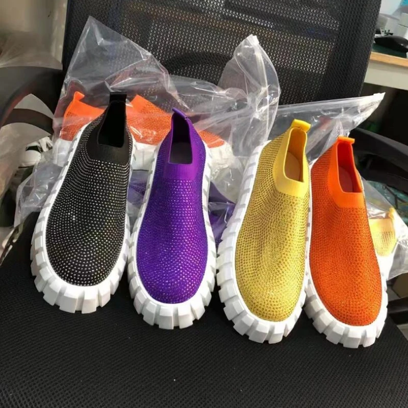 

Plus Size Sneakers Women Vulcanized Shoes Bright Diamond Socks Shoes Loafers Trainers Women Slip-on Stretch Platform Shoes Flats