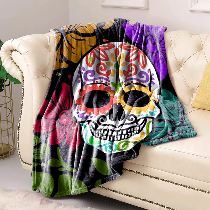 

Fleece Blanket for Living Room Mexico Flower Skull Bedspread on the Bed Fluffy Soft Blankets Sofa Summer Boho Home Decor Throw