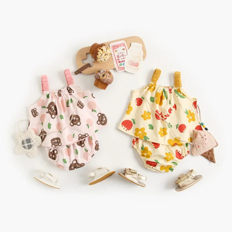

2022 New Casual Dress Princess Sling Cartoon Bear Clothes Cotton Baby Girls Shorts 2pc Dresses
