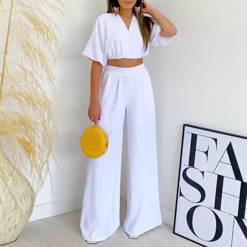 

Two Piece Sets Womens Outifits 2023 Spring Fashion V-Neck Short Sleeved Crop Tie Top & Casual High Waist Wide Leg Pants Suit