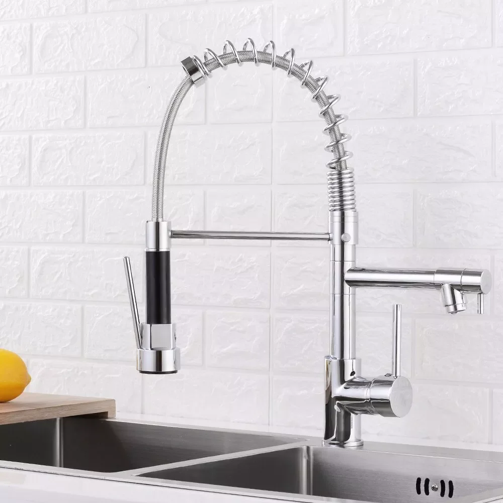 

Brushed Nickel Spring Pull Down Kitchen Sink Faucet Hot & Cold Water Mixer Faucets Double Outlet Deck Mounted 360 Swivel Handle