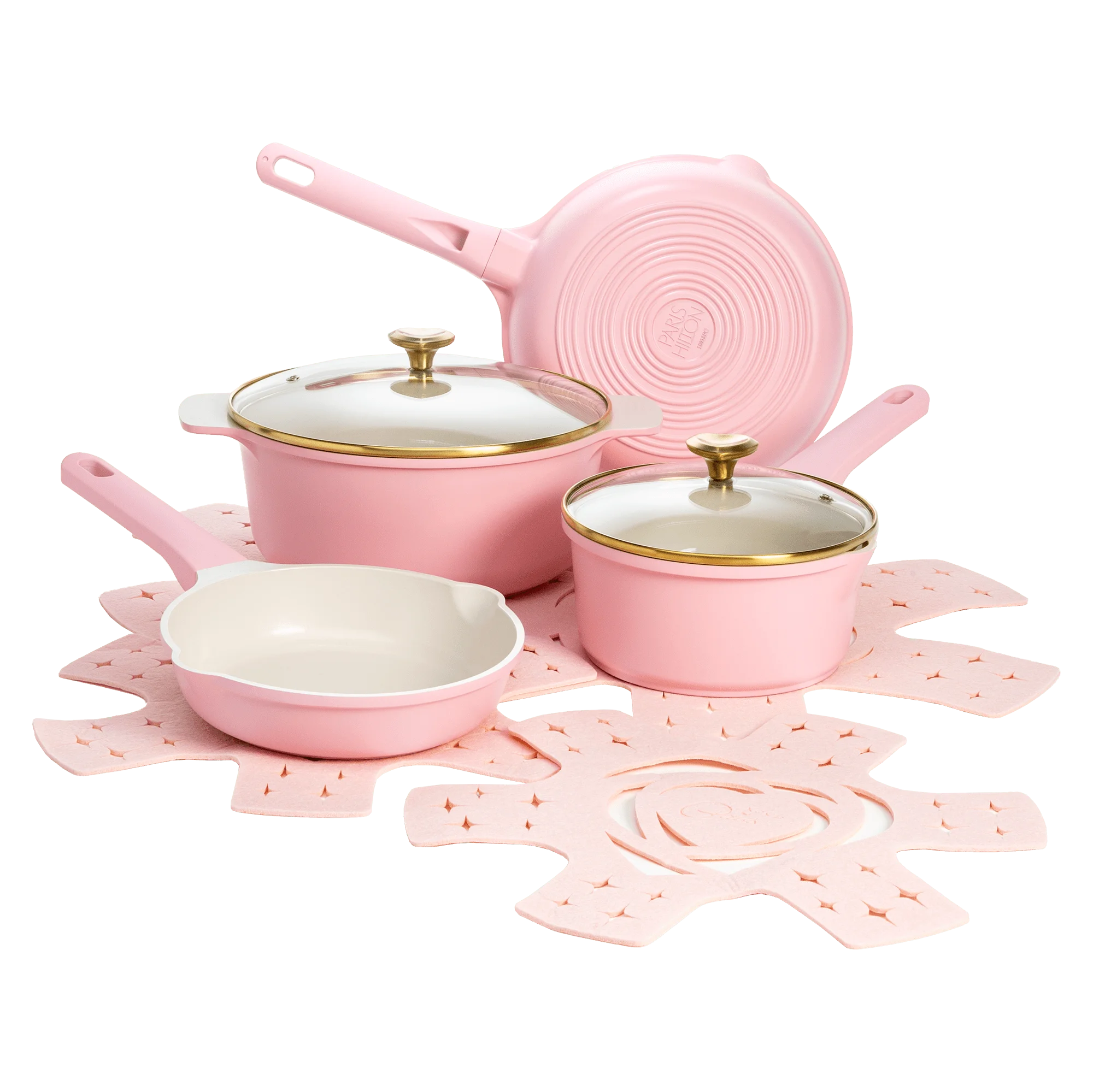 

Paris Hilton Clean Ceramic™ Nonstick Cast Aluminum Cookware Set with Heart Shaped Lid Knobs, Pink