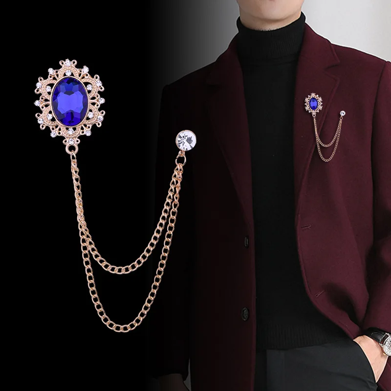 

Fashion European American High Quality Men's Chain Tassel Water Drop Gemstone Brooches Women's Coat Pin Retro Brooch Accessories