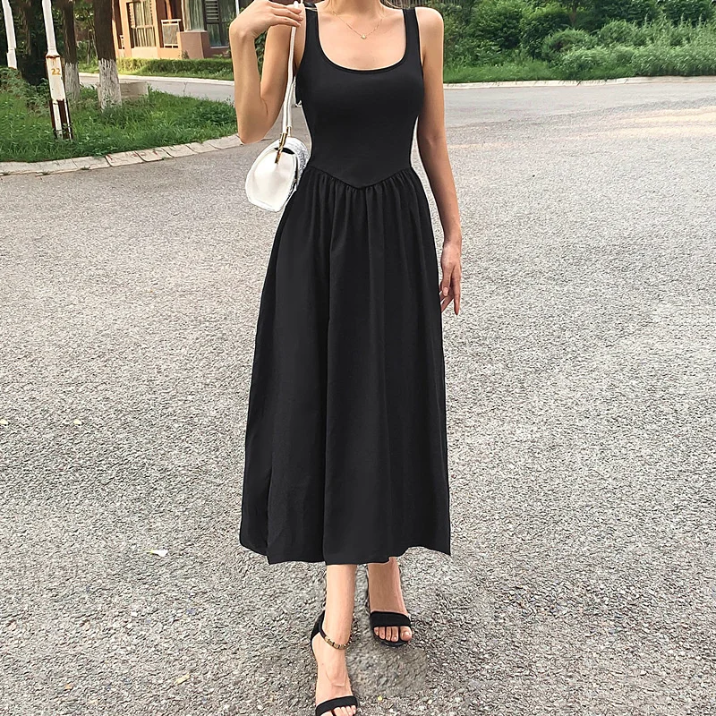 

New 2023 summer French fashion sexy backless stitching high waist solid color temperament medium length dress